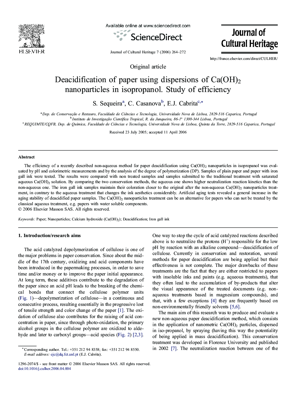 Deacidification of paper using dispersions of Ca(OH)2 nanoparticles in isopropanol. Study of efficiency