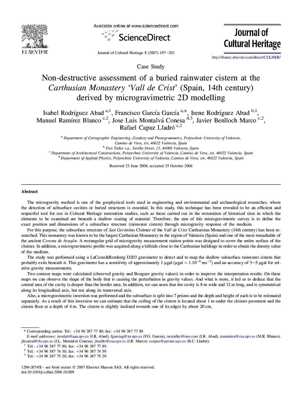 Non-destructive assessment of a buried rainwater cistern at the Carthusian Monastery 'Vall de Crist' (Spain, 14th century) derived by microgravimetric 2D modelling