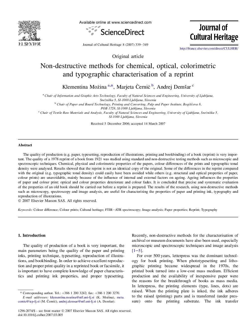 Non-destructive methods for chemical, optical, colorimetric and typographic characterisation of a reprint