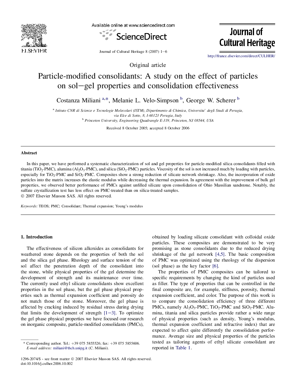 Particle-modified consolidants: A study on the effect of particles on sol–gel properties and consolidation effectiveness