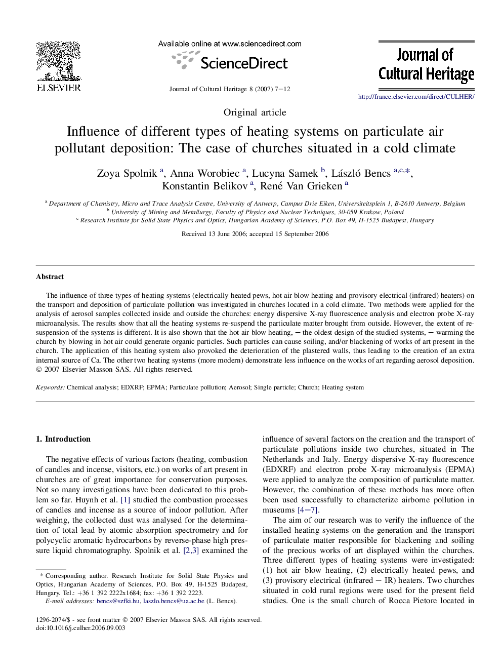 Influence of different types of heating systems on particulate air pollutant deposition: The case of churches situated in a cold climate