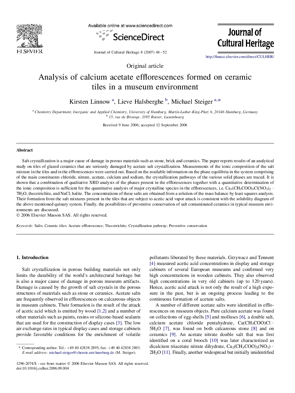 Analysis of calcium acetate efflorescences formed on ceramic tiles in a museum environment