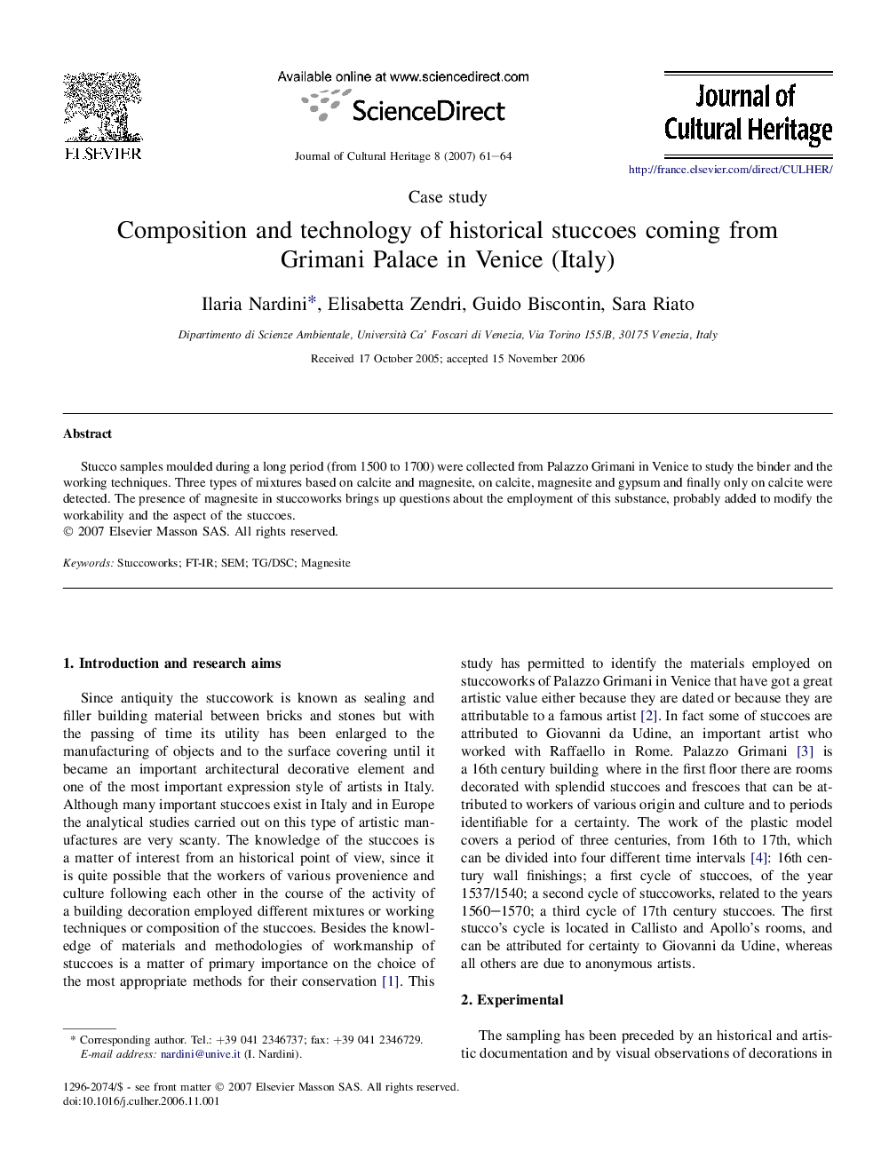 Composition and technology of historical stuccoes coming from Grimani Palace in Venice (Italy)