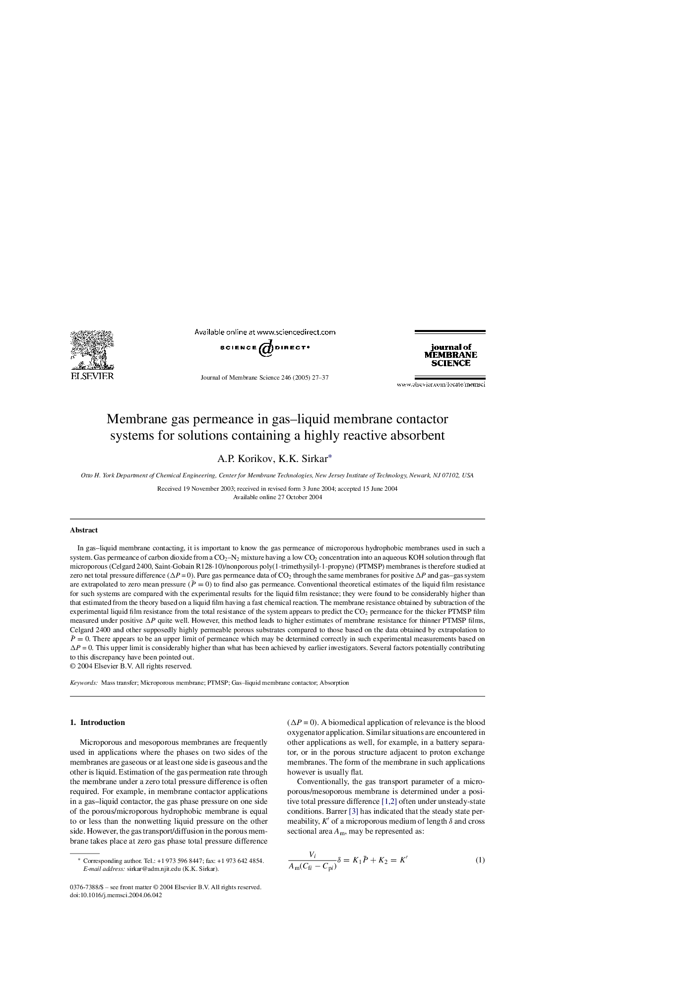 Membrane gas permeance in gas-liquid membrane contactor systems for solutions containing a highly reactive absorbent