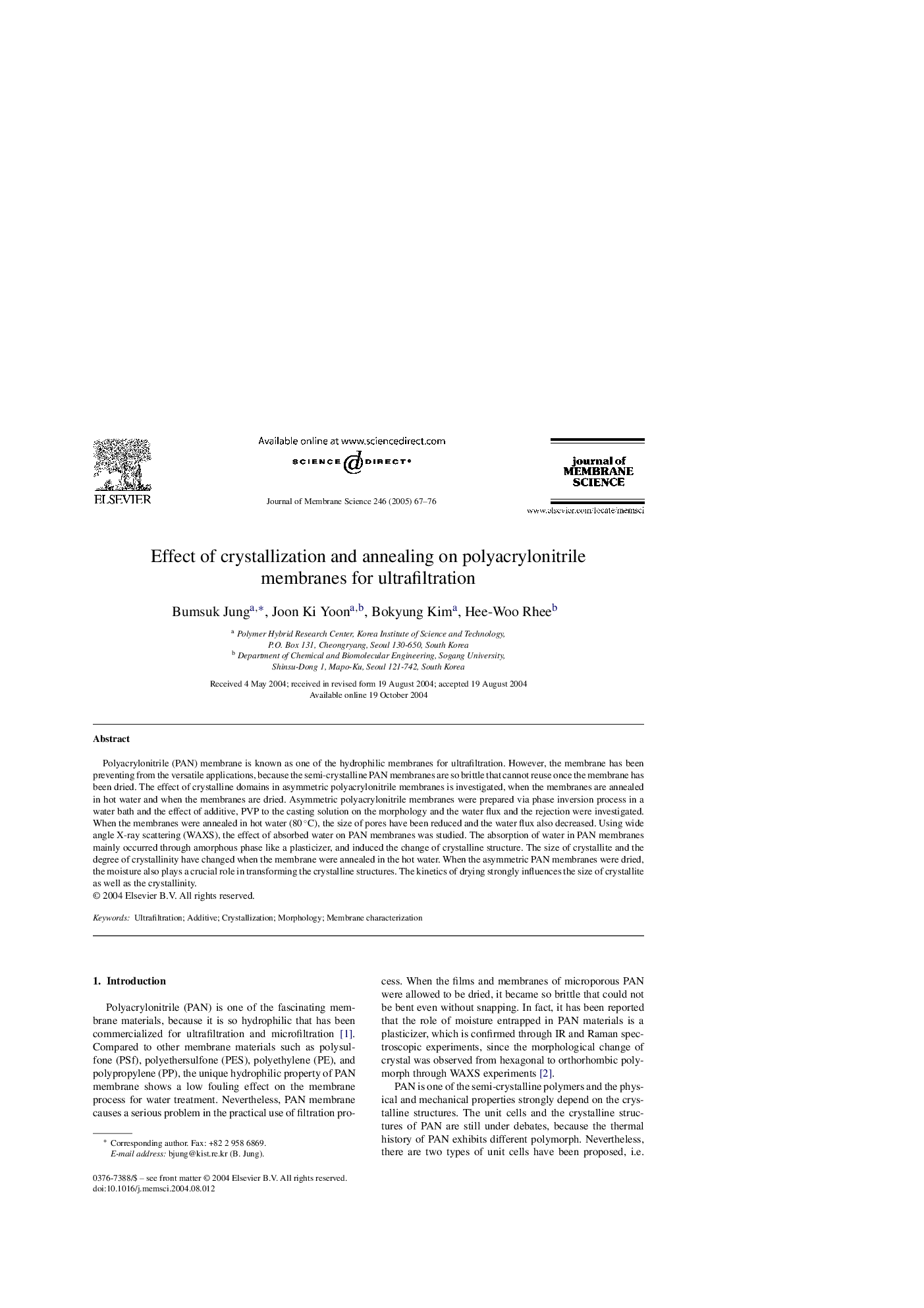 Effect of crystallization and annealing on polyacrylonitrile membranes for ultrafiltration