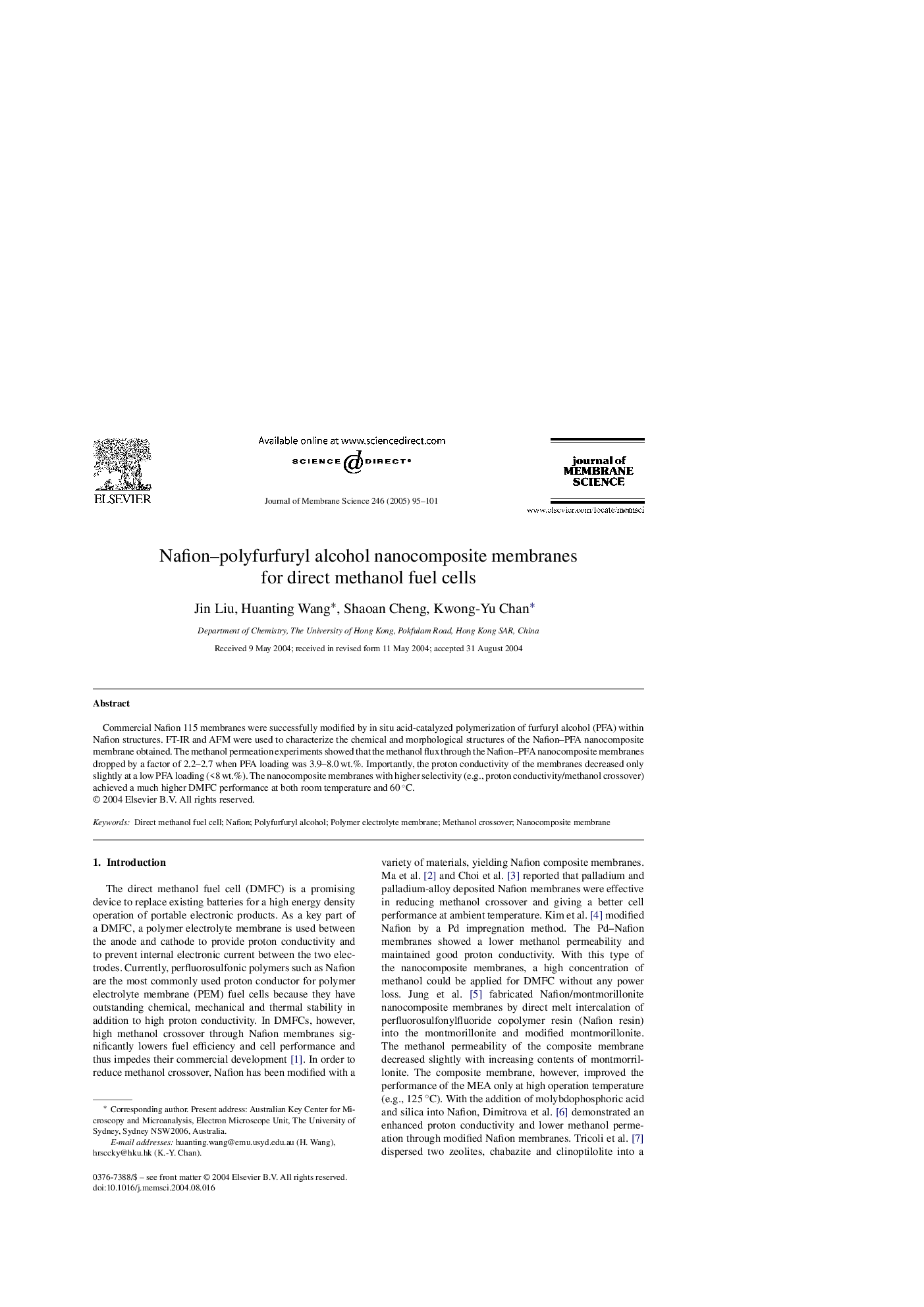 Nafion-polyfurfuryl alcohol nanocomposite membranes for direct methanol fuel cells