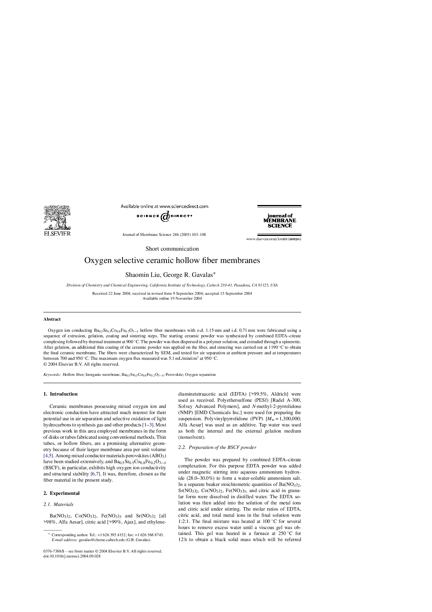 Oxygen selective ceramic hollow fiber membranes