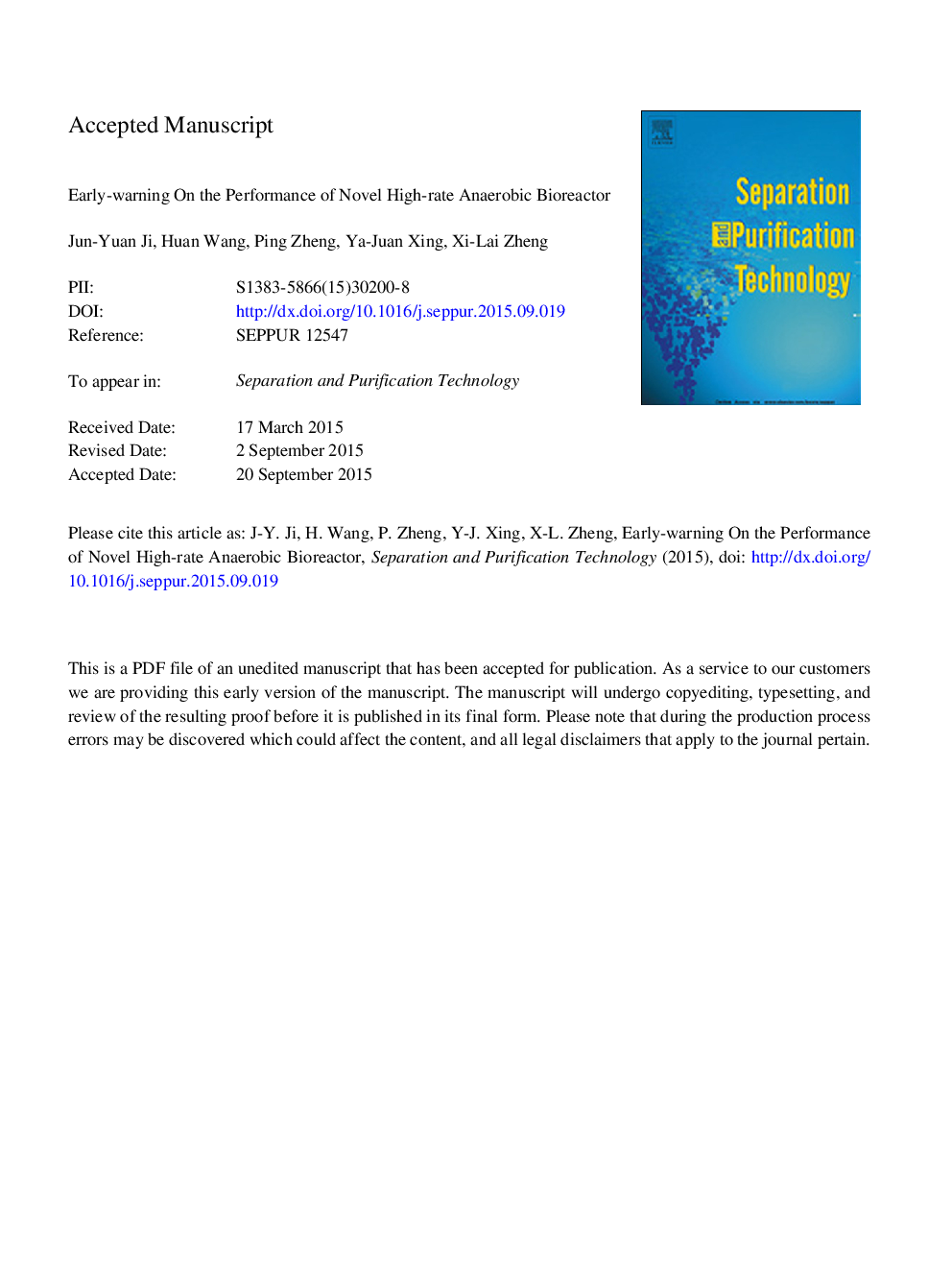 Early-warning on the performance of novel high-rate anaerobic bioreactor