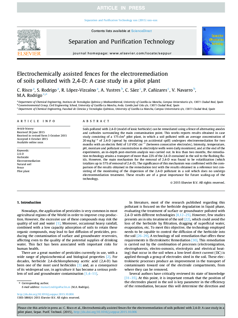 Electrochemically assisted fences for the electroremediation of soils polluted with 2,4-D: A case study in a pilot plant