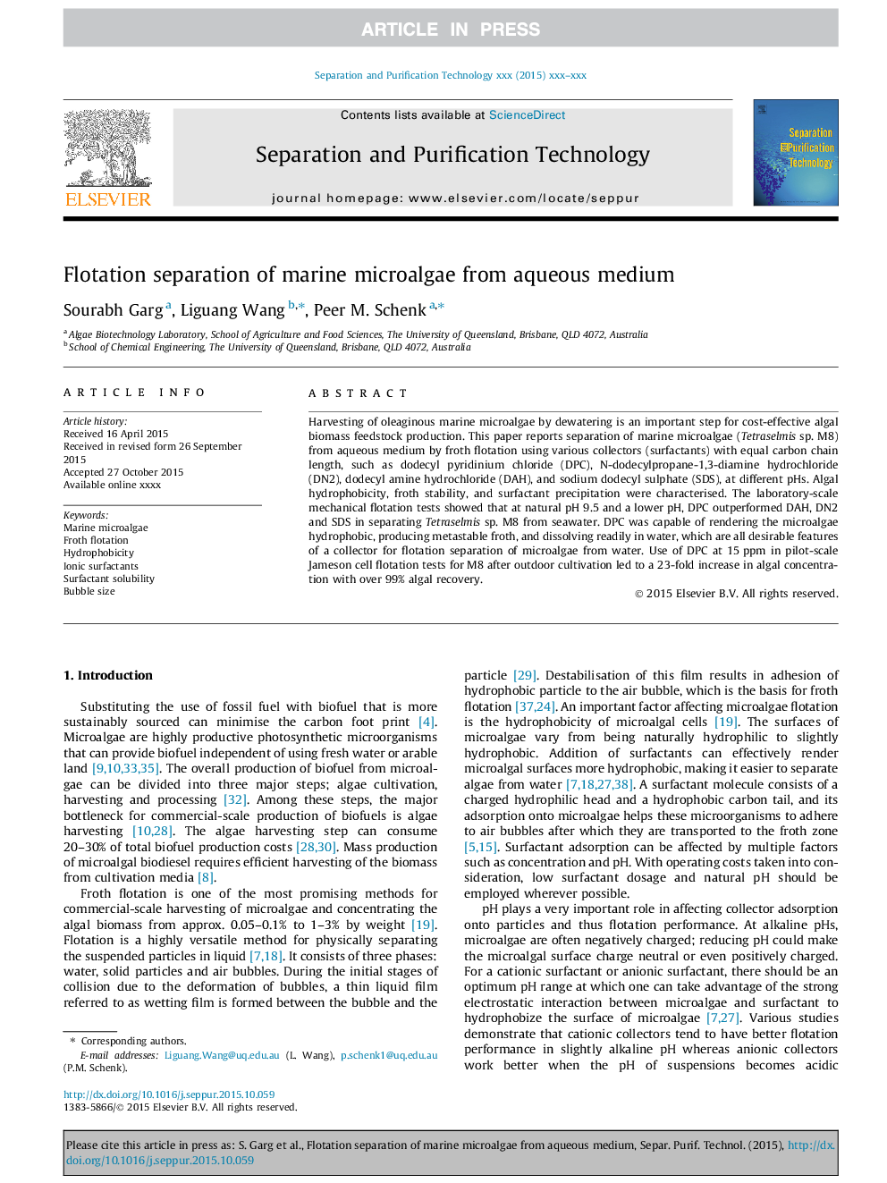 Flotation separation of marine microalgae from aqueous medium