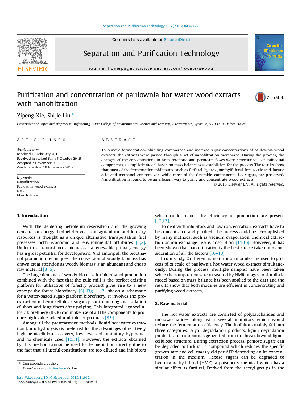 Purification and concentration of paulownia hot water wood extracts with nanofiltration