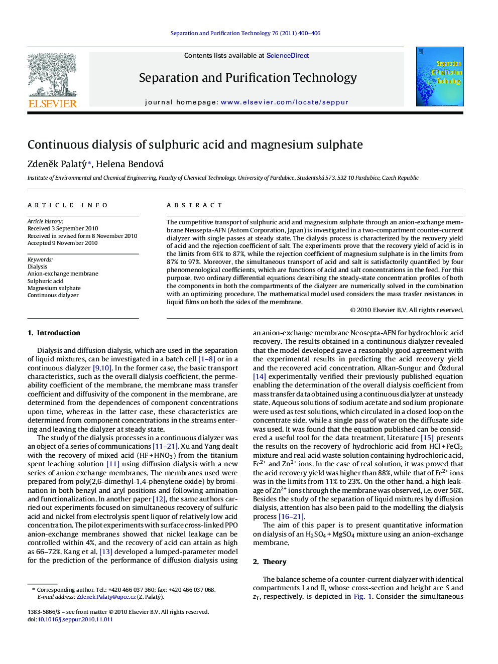 Continuous dialysis of sulphuric acid and magnesium sulphate