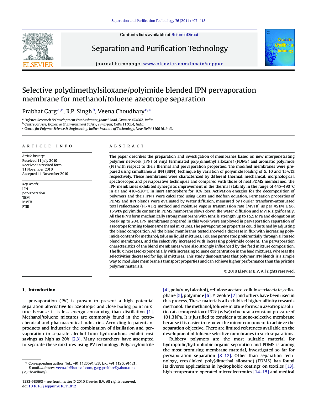 Selective polydimethylsiloxane/polyimide blended IPN pervaporation membrane for methanol/toluene azeotrope separation