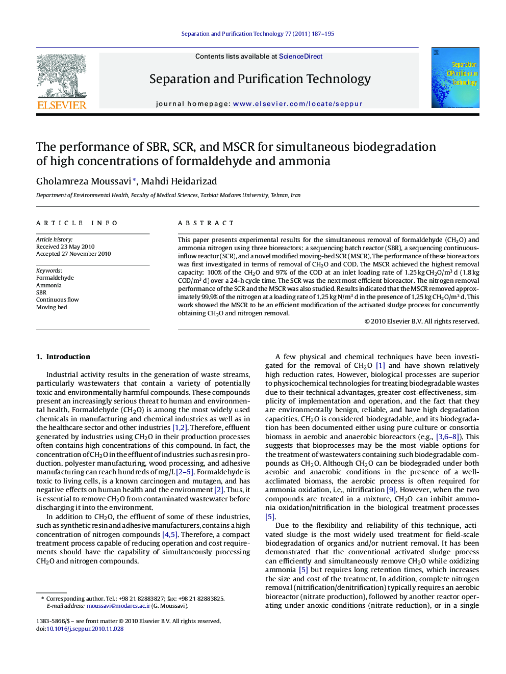 The performance of SBR, SCR, and MSCR for simultaneous biodegradation of high concentrations of formaldehyde and ammonia