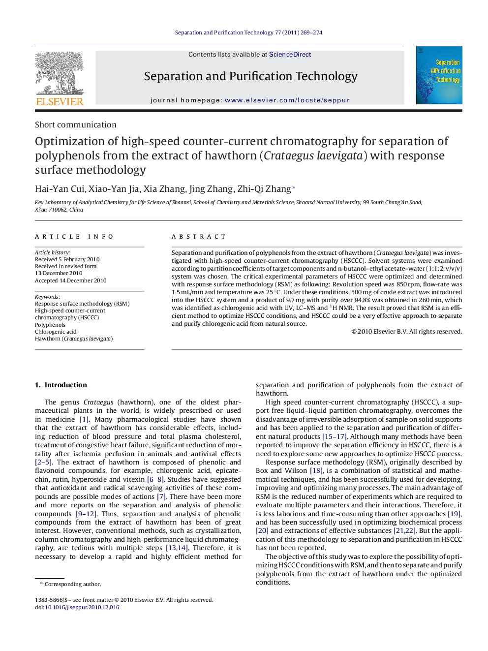 Optimization of high-speed counter-current chromatography for separation of polyphenols from the extract of hawthorn (Crataegus laevigata) with response surface methodology