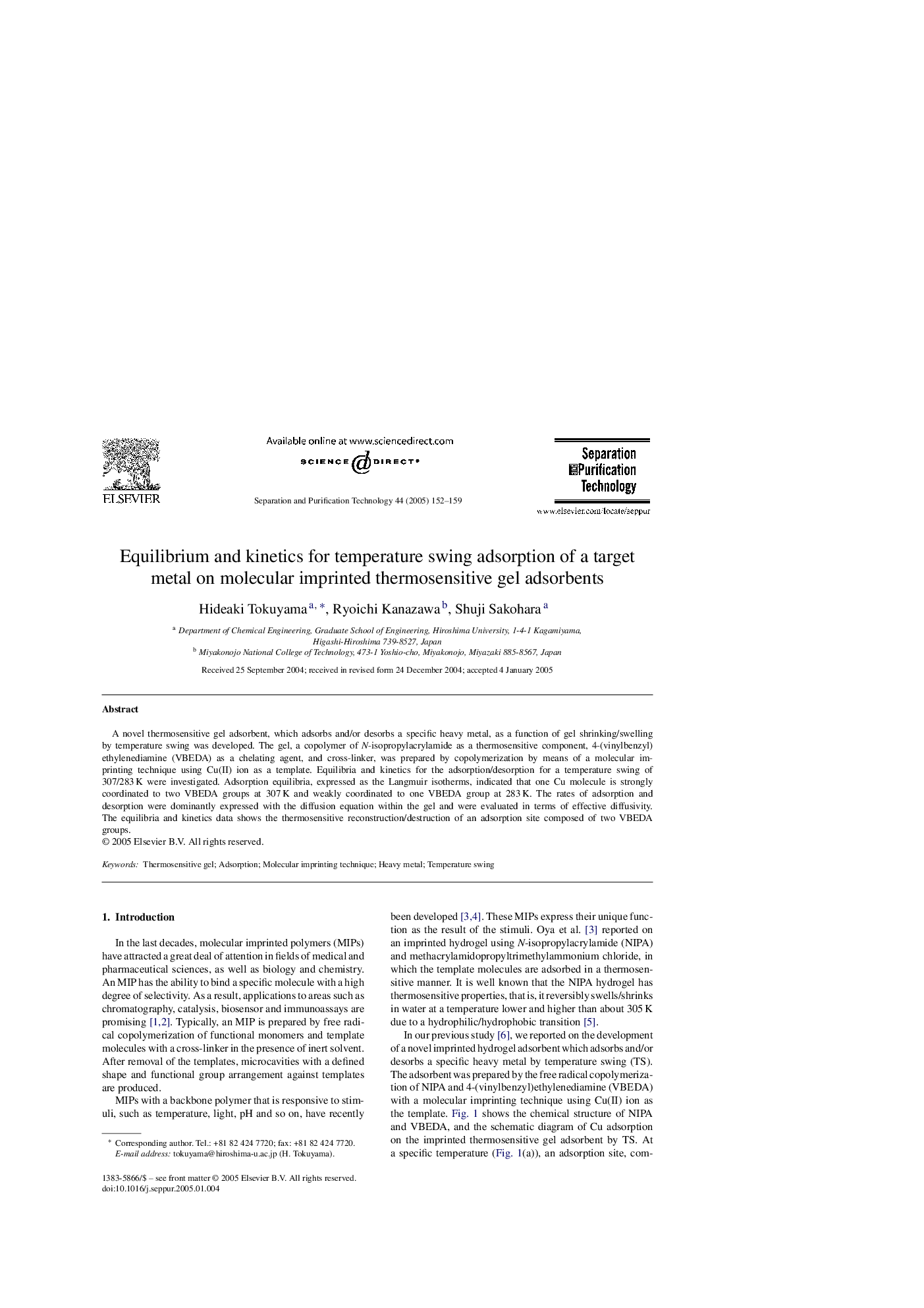 Equilibrium and kinetics for temperature swing adsorption of a target metal on molecular imprinted thermosensitive gel adsorbents