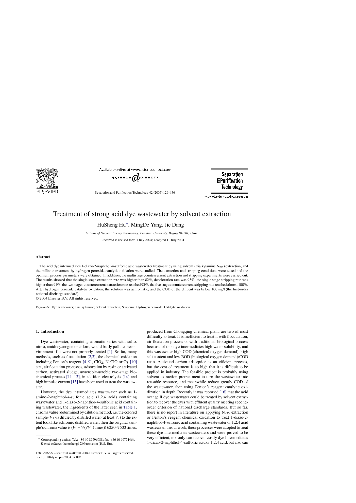 Treatment of strong acid dye wastewater by solvent extraction