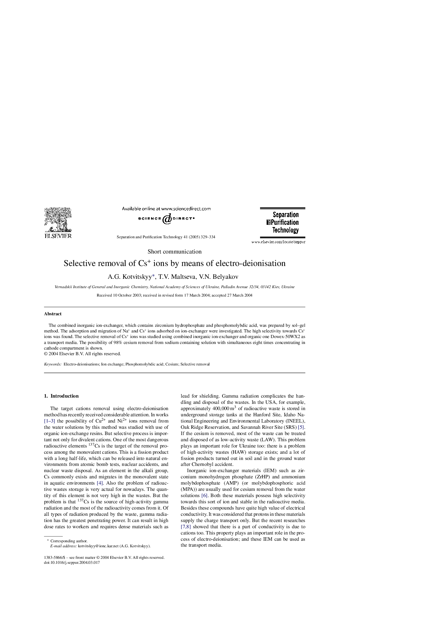 Selective removal of Cs+ ions by means of electro-deionisation