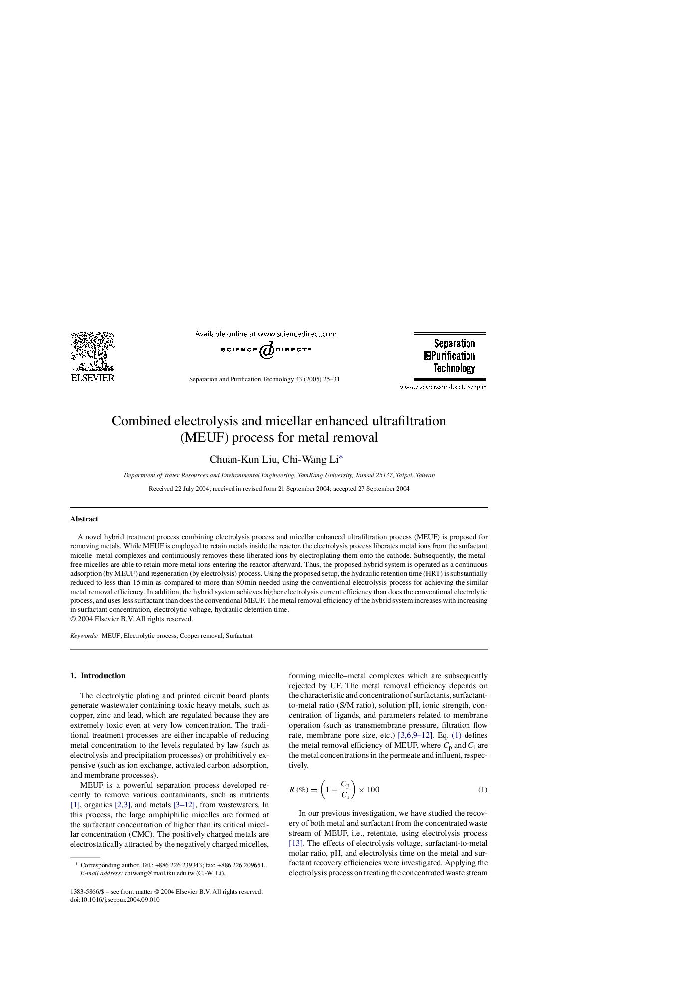 Combined electrolysis and micellar enhanced ultrafiltration (MEUF) process for metal removal