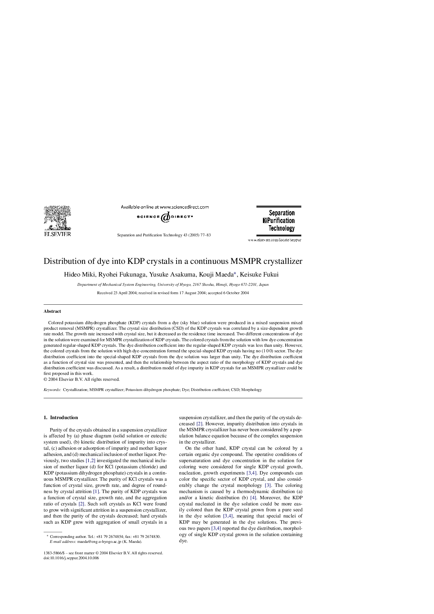 Distribution of dye into KDP crystals in a continuous MSMPR crystallizer