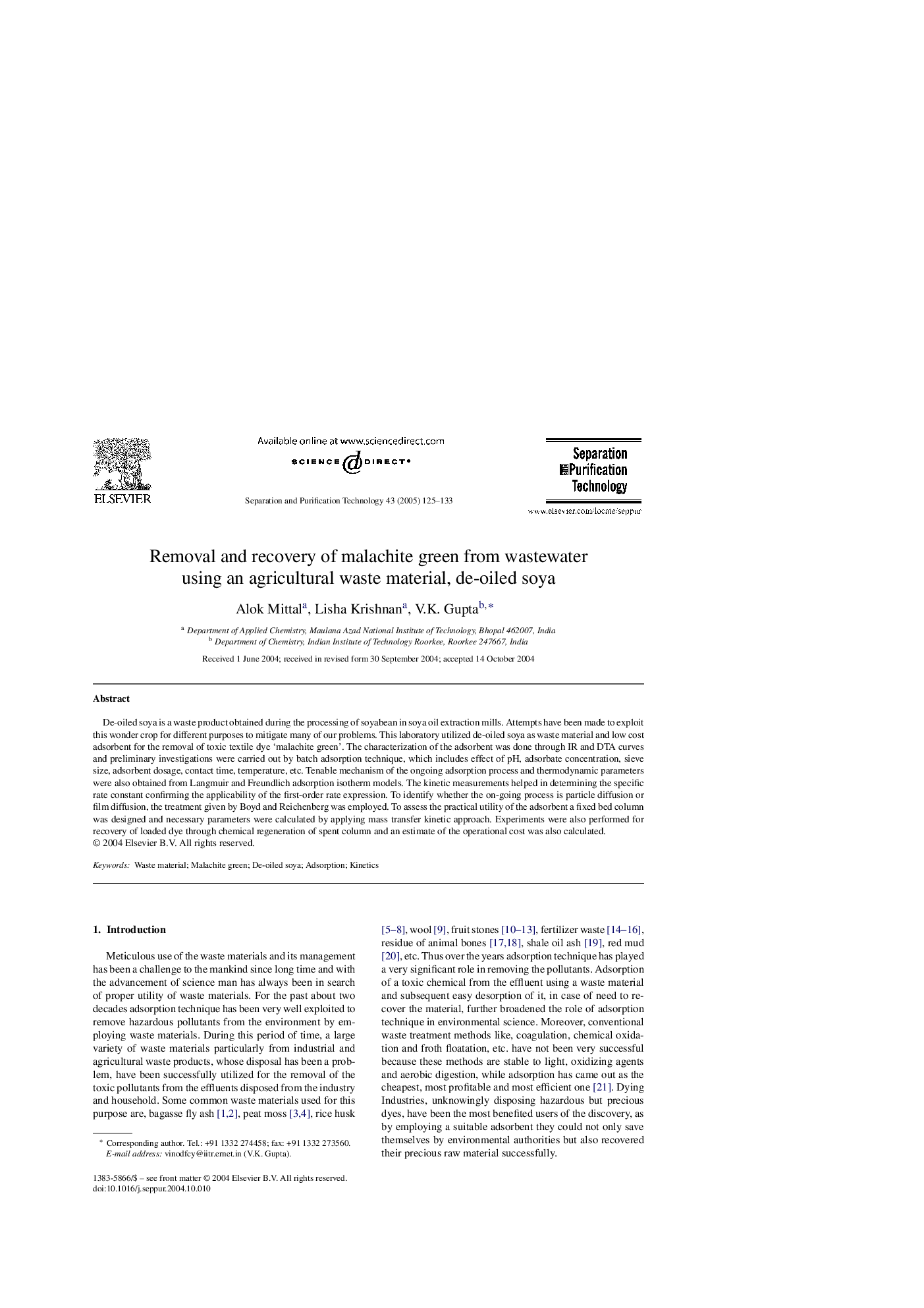 Removal and recovery of malachite green from wastewater using an agricultural waste material, de-oiled soya