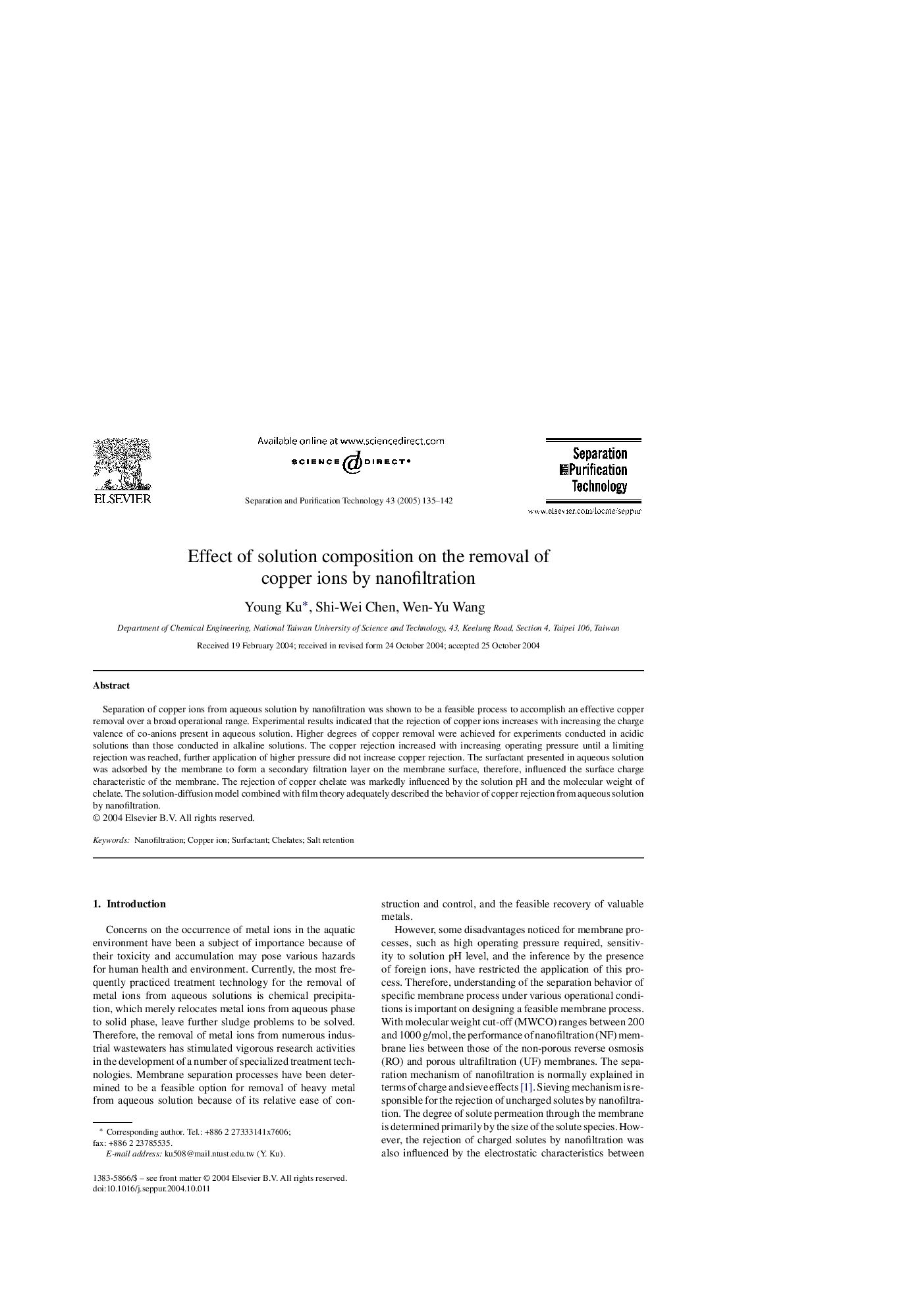 Effect of solution composition on the removal of copper ions by nanofiltration