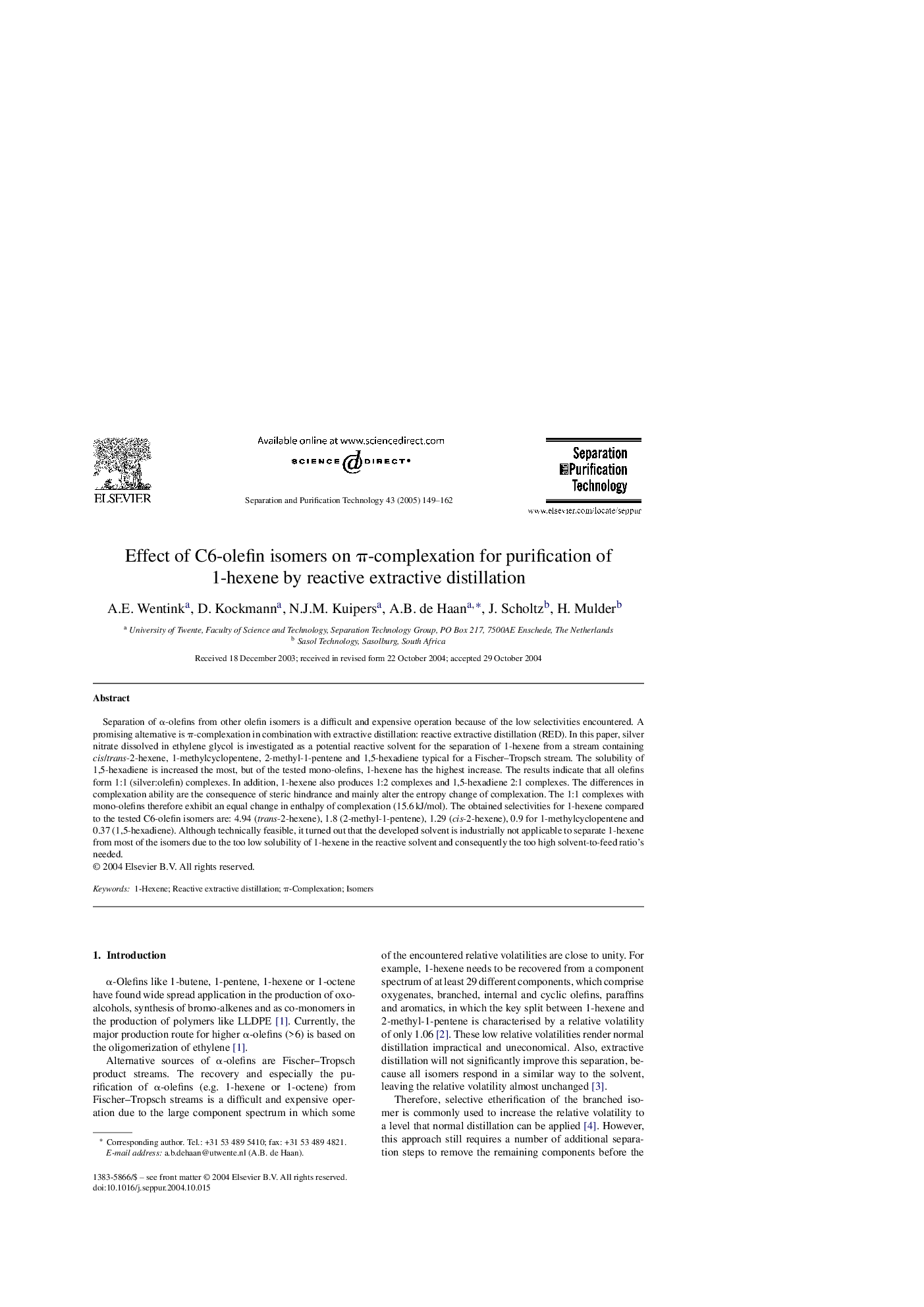 Effect of C6-olefin isomers on Ï-complexation for purification of 1-hexene by reactive extractive distillation