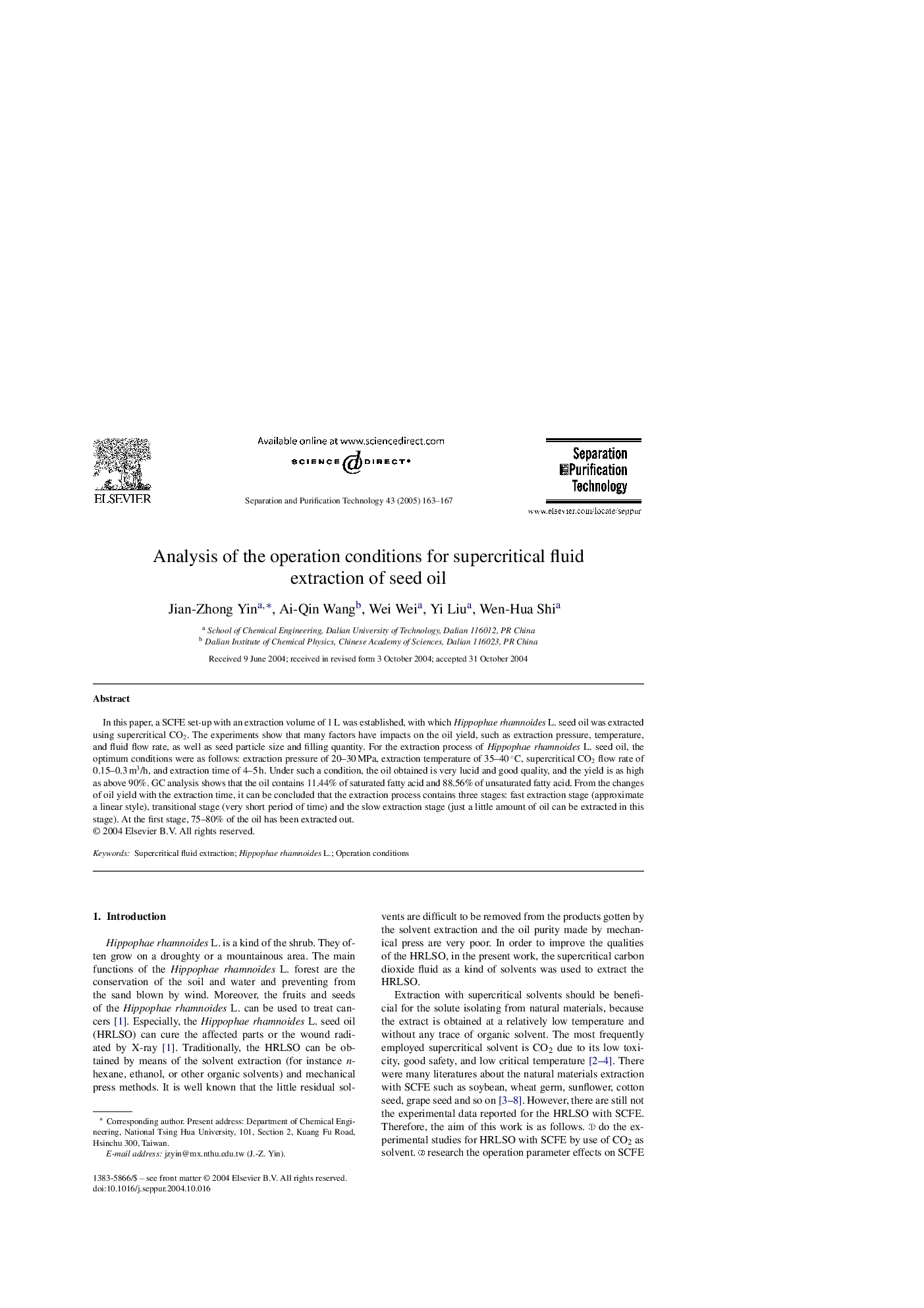 Analysis of the operation conditions for supercritical fluid extraction of seed oil