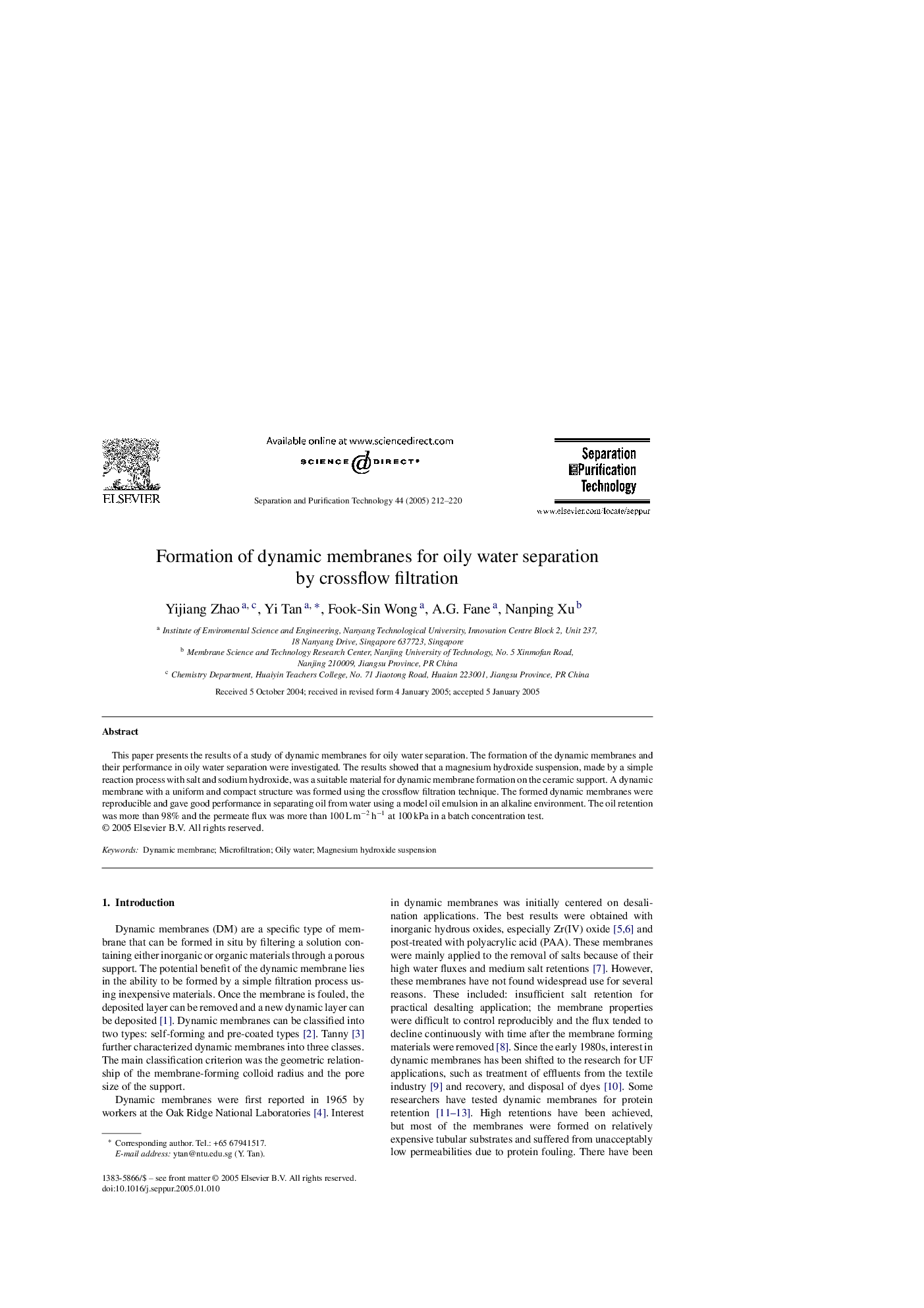 Formation of dynamic membranes for oily water separation by crossflow filtration