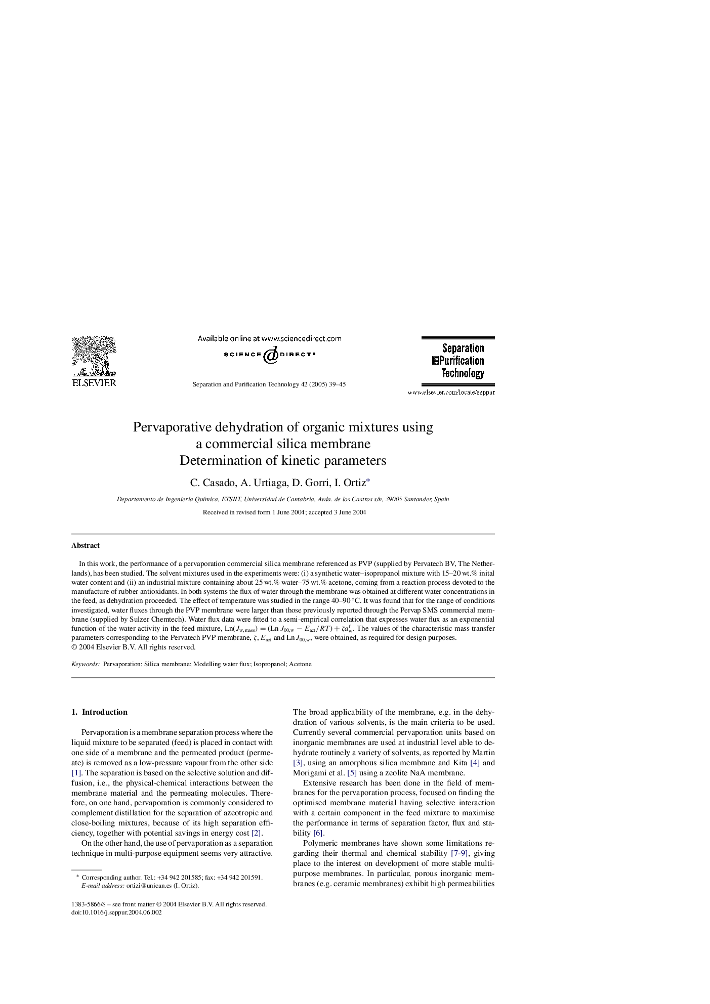 Pervaporative dehydration of organic mixtures using a commercial silica membrane