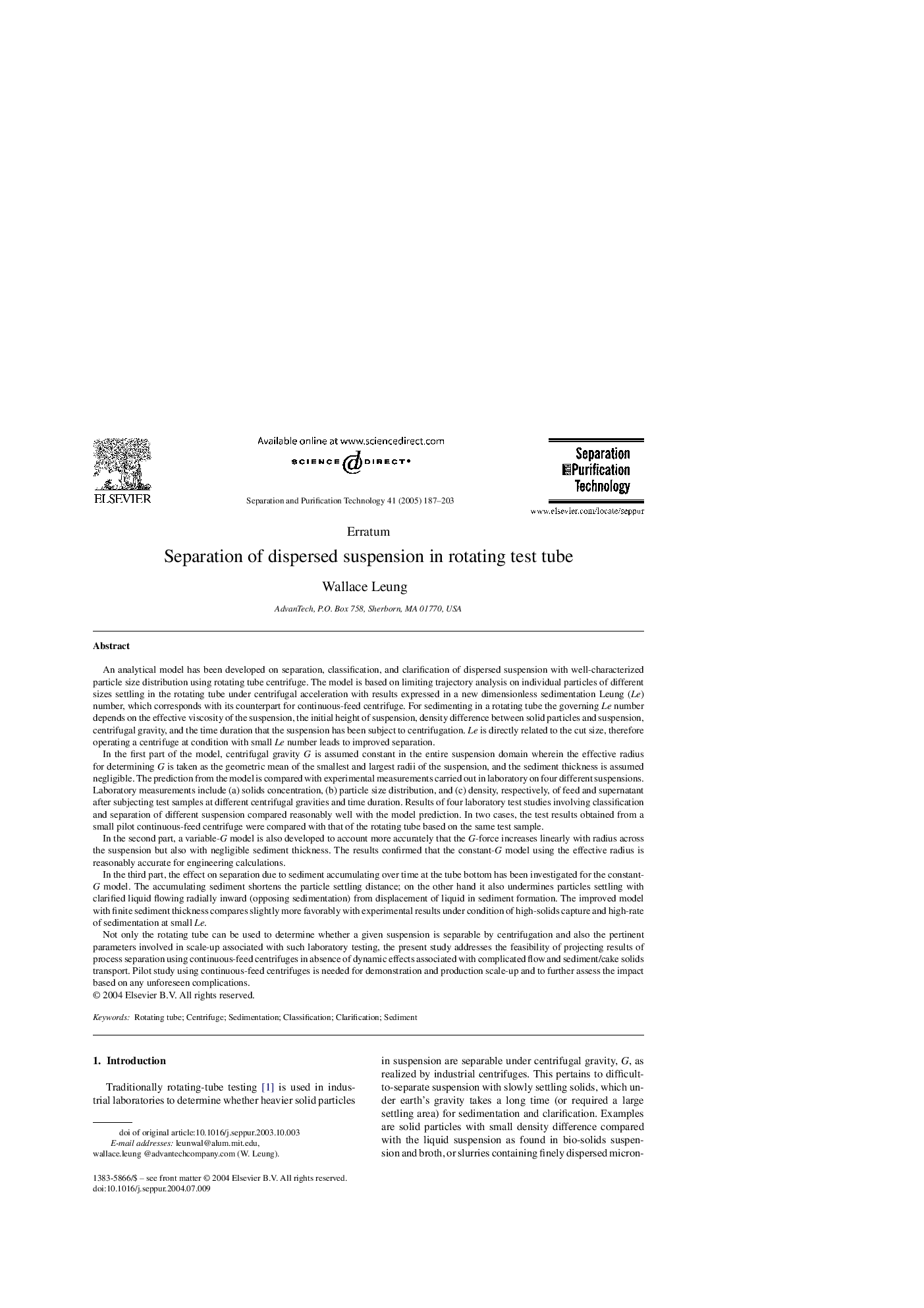 Separation of dispersed suspension in rotating test tube