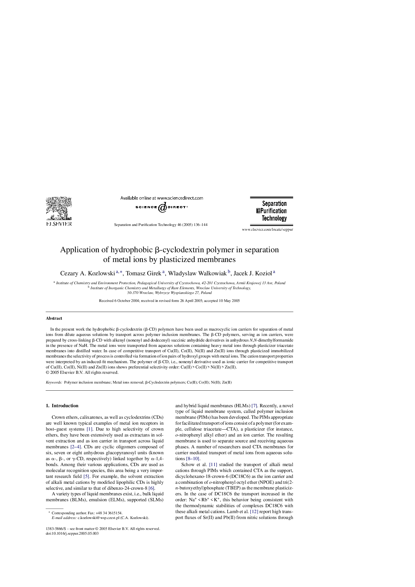 عکس صفحه اول مقاله: Application of hydrophobic β-cyclodextrin polymer in separation of metal ions by plasticized membranes Application of hydrophobic β-cyclodextrin polymer in separation of metal ions by plasticized membranes