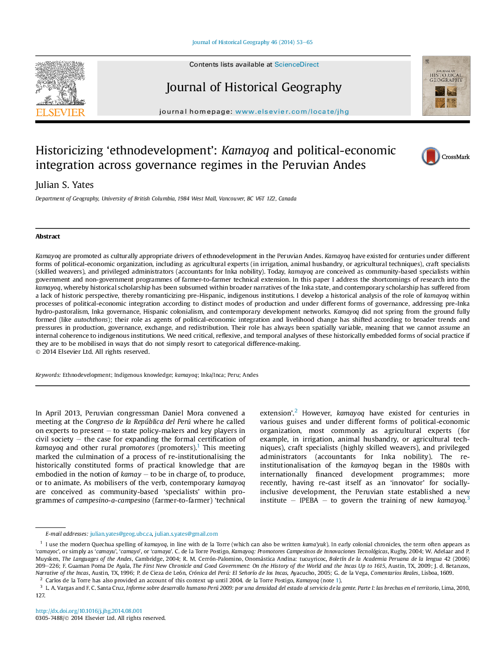 Historicizing ‘ethnodevelopment’: Kamayoq and political-economic integration across governance regimes in the Peruvian Andes