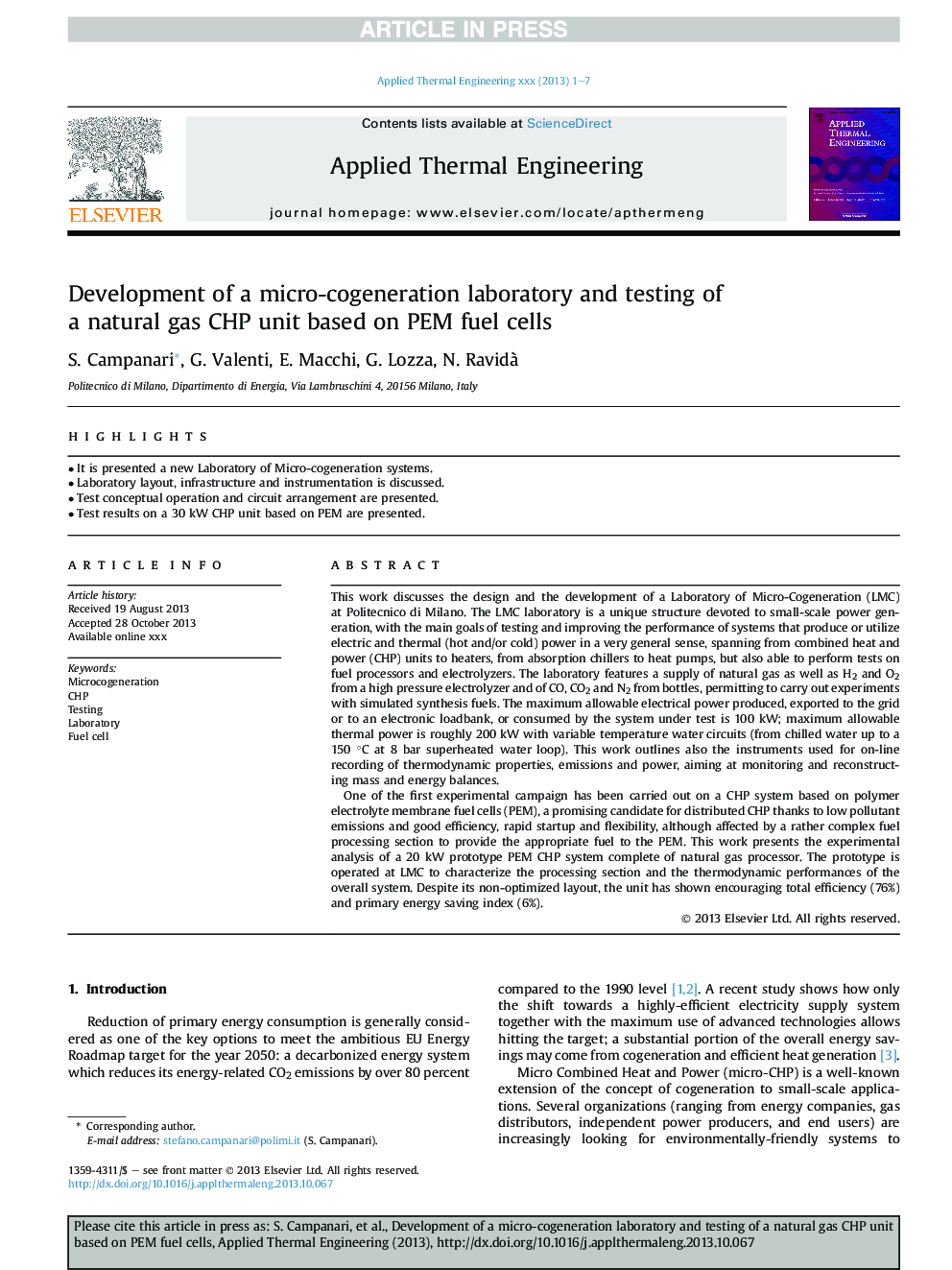 Development of a micro-cogeneration laboratory and testing of a natural gas CHP unit based on PEM fuel cells