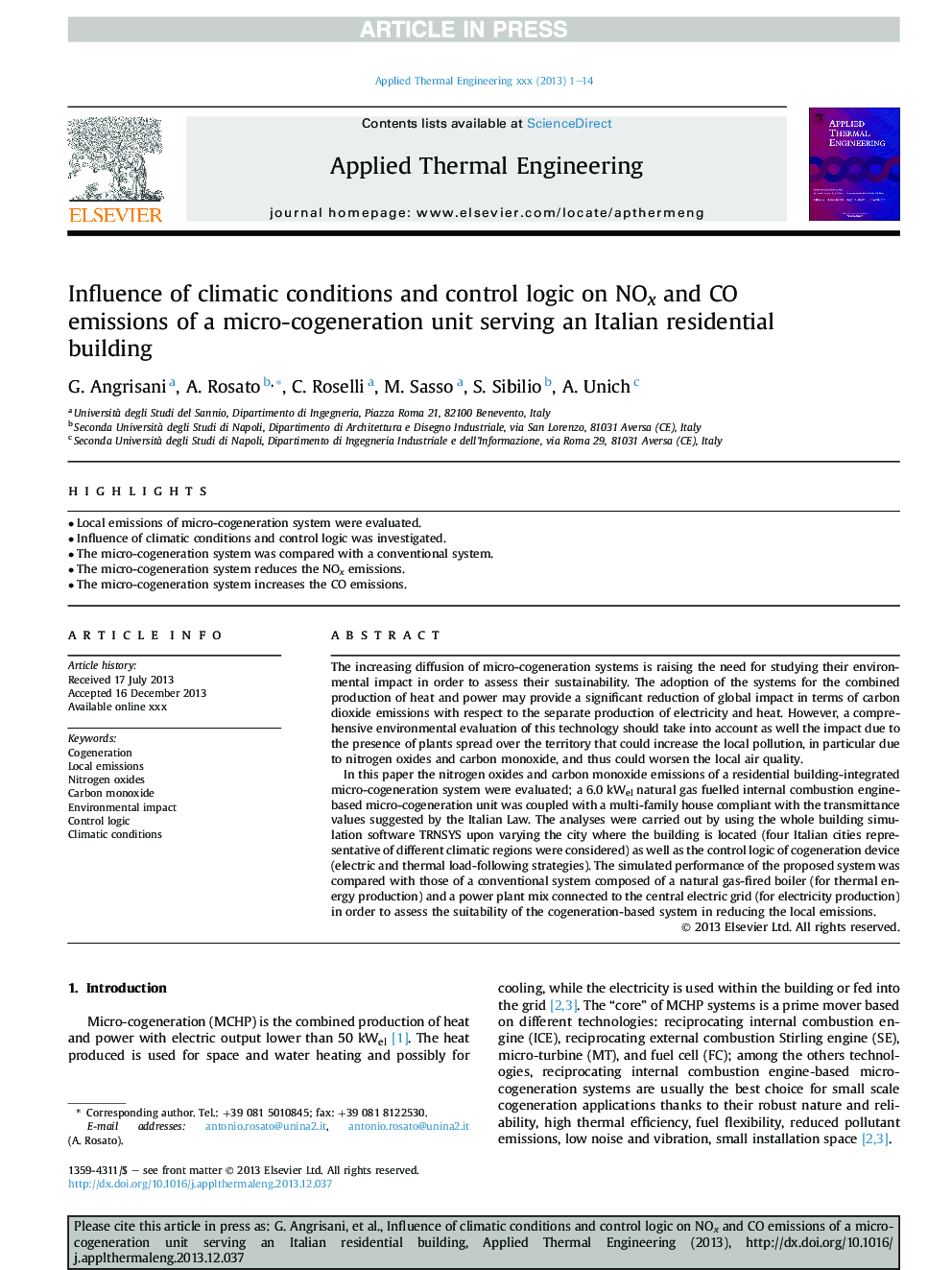 Influence of climatic conditions and control logic on NOx and CO emissions of a micro-cogeneration unit serving an Italian residential building
