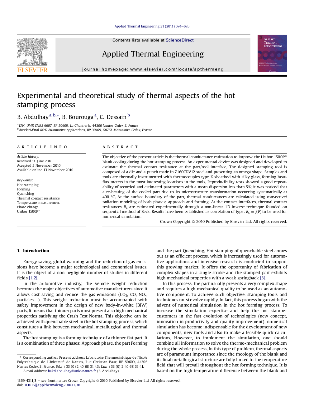 Experimental and theoretical study of thermal aspects of the hot stamping process