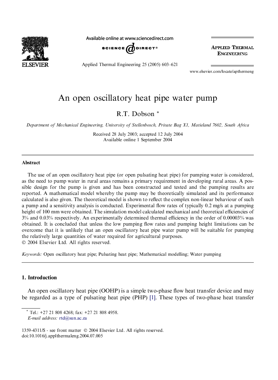 An open oscillatory heat pipe water pump