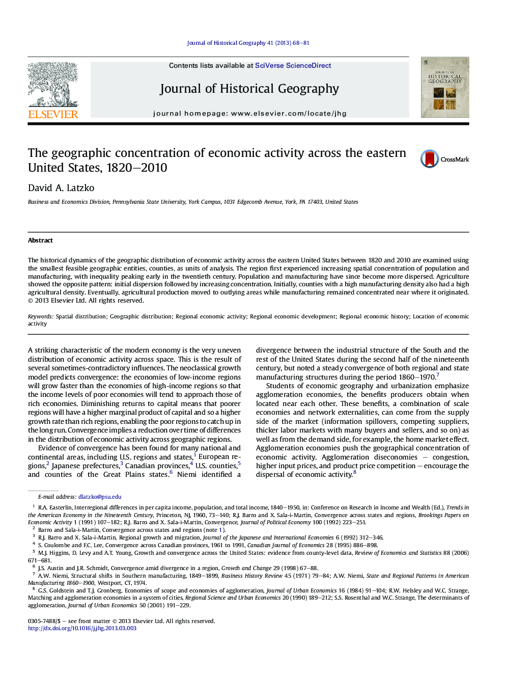 The geographic concentration of economic activity across the eastern United States, 1820–2010