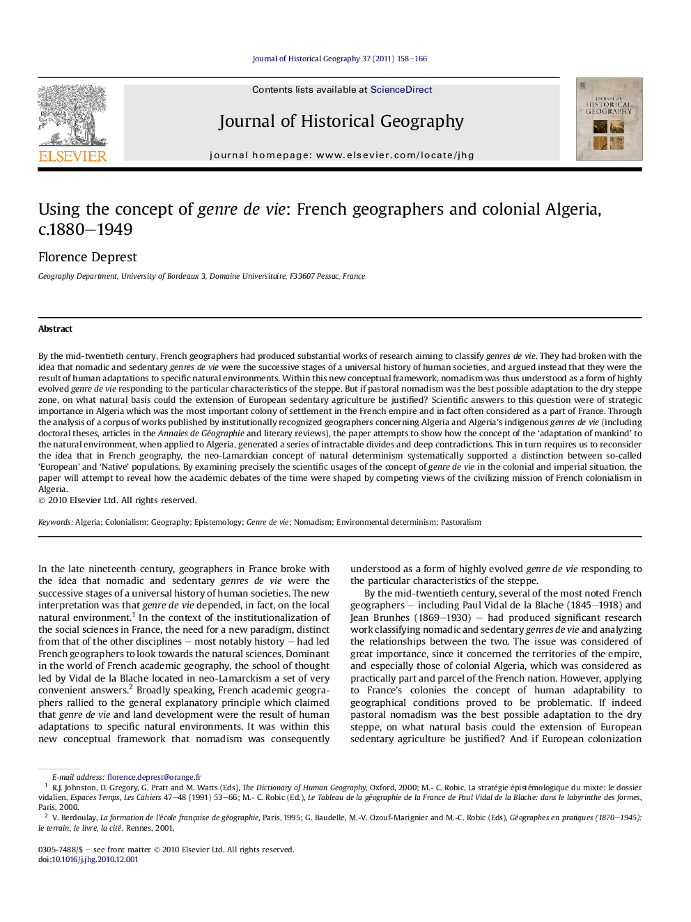 Using the concept of genre de vie: French geographers and colonial Algeria, c.1880–1949