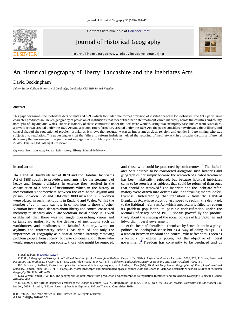 An historical geography of liberty: Lancashire and the Inebriates Acts