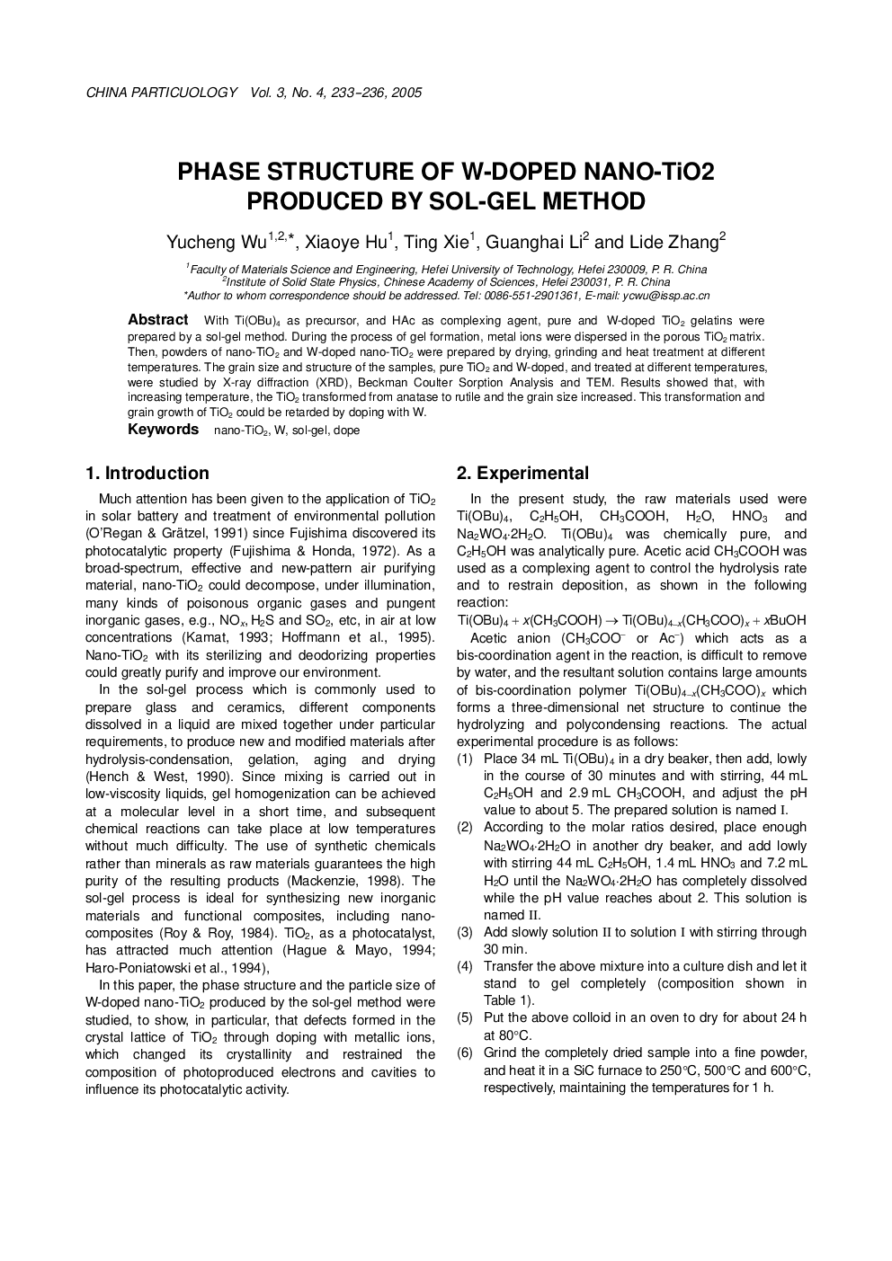 Phase structure of W-doped nano-TiO2 produced by sol-gel method