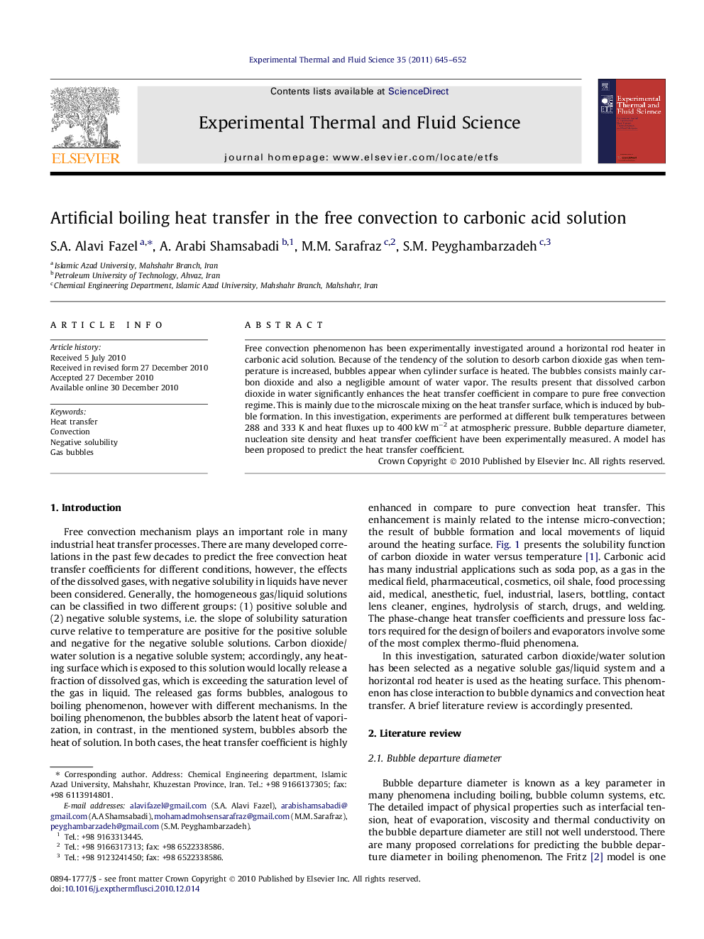 Artificial boiling heat transfer in the free convection to carbonic acid solution