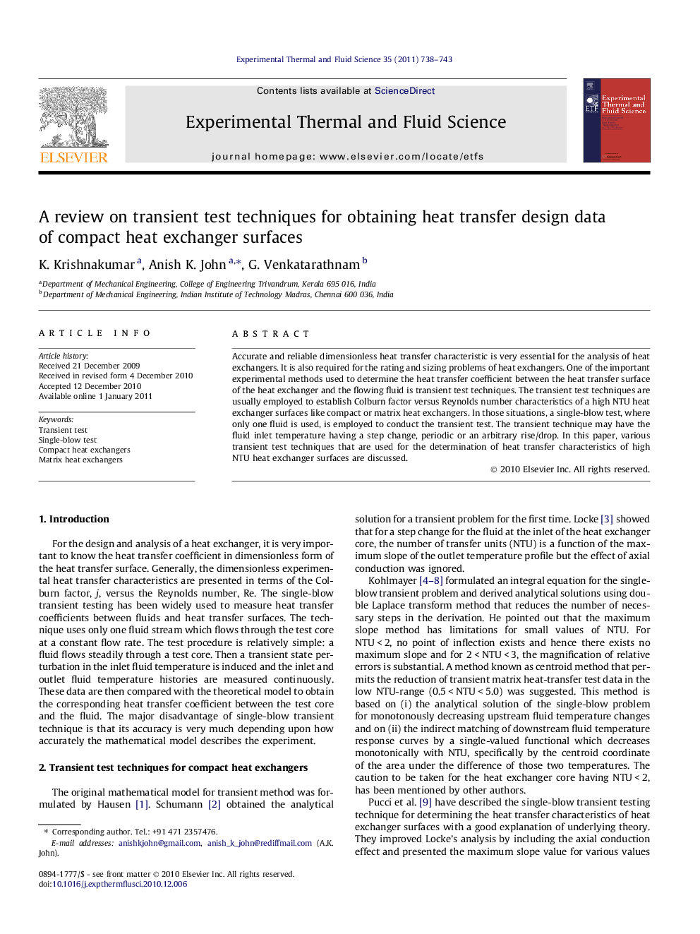 A review on transient test techniques for obtaining heat transfer design data of compact heat exchanger surfaces