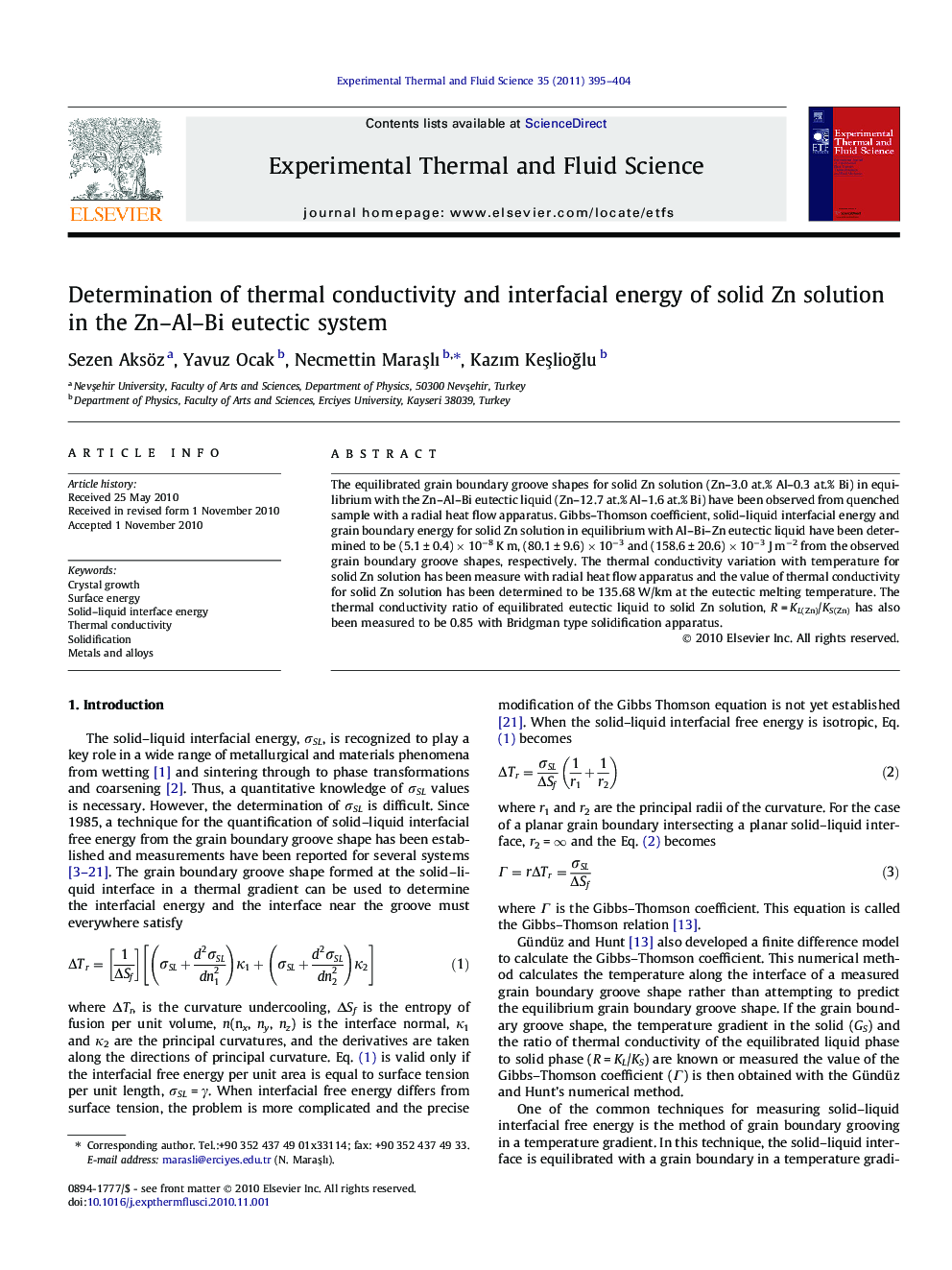 Determination of thermal conductivity and interfacial energy of solid Zn solution in the Zn-Al-Bi eutectic system