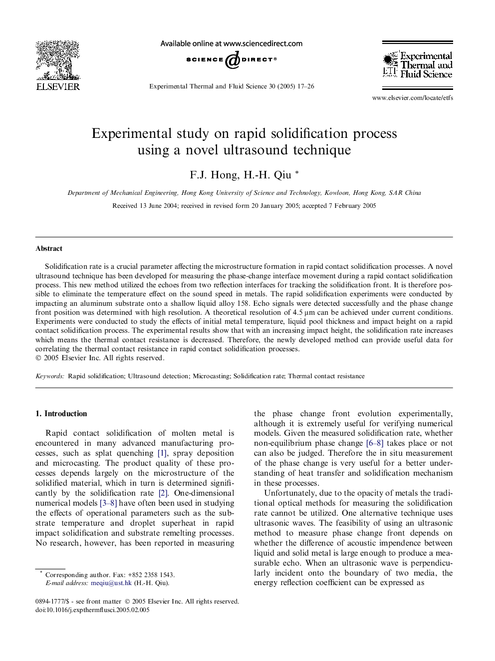 Experimental study on rapid solidification process using a novel ultrasound technique