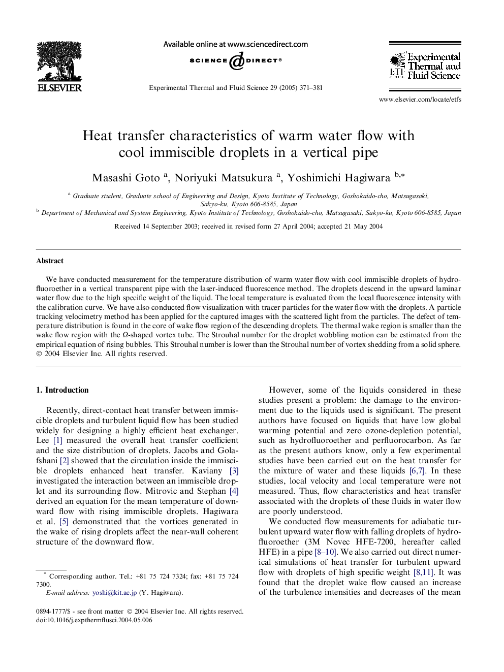 Heat transfer characteristics of warm water flow with cool immiscible droplets in a vertical pipe