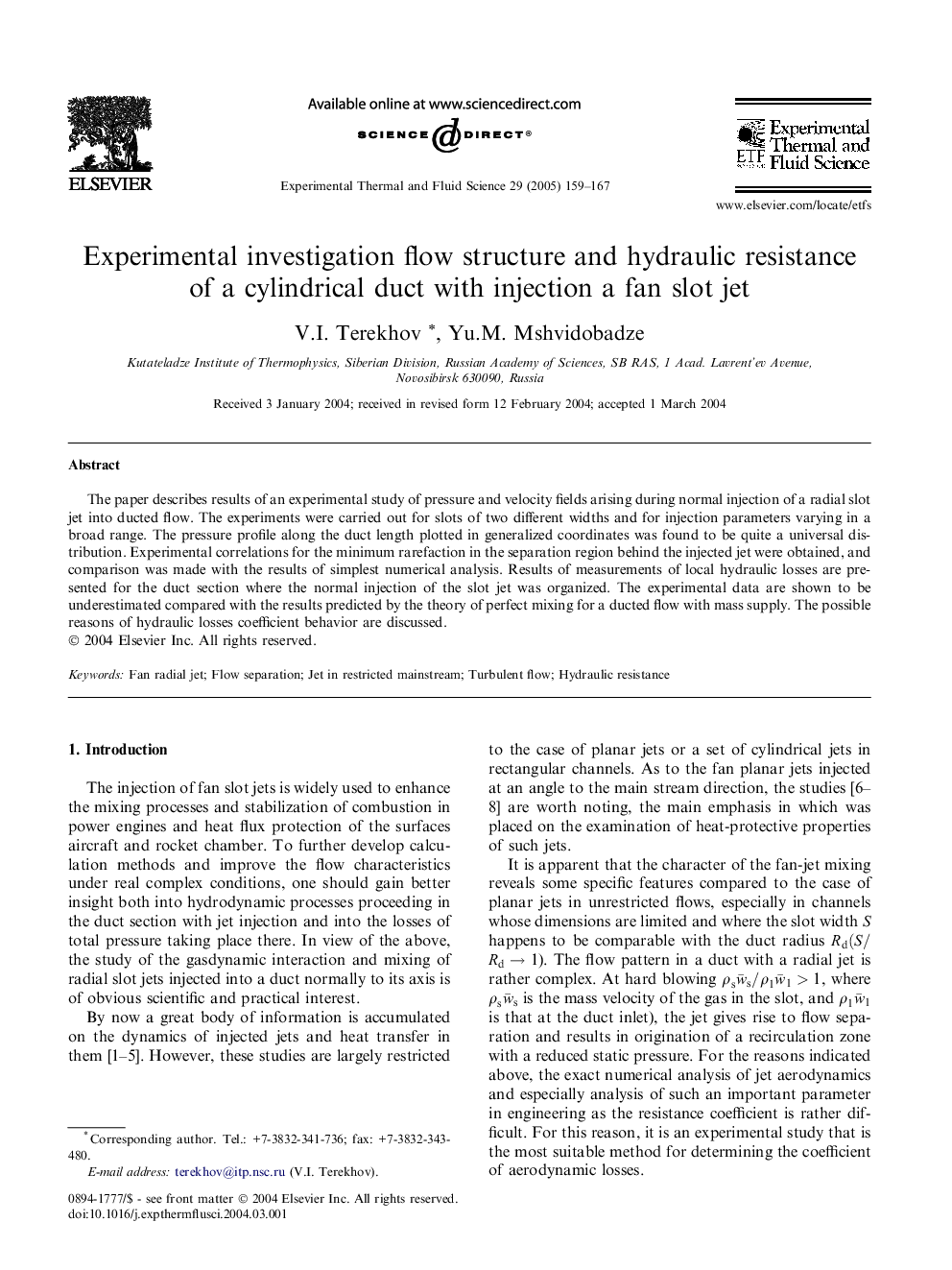 Experimental investigation flow structure and hydraulic resistance of a cylindrical duct with injection a fan slot jet