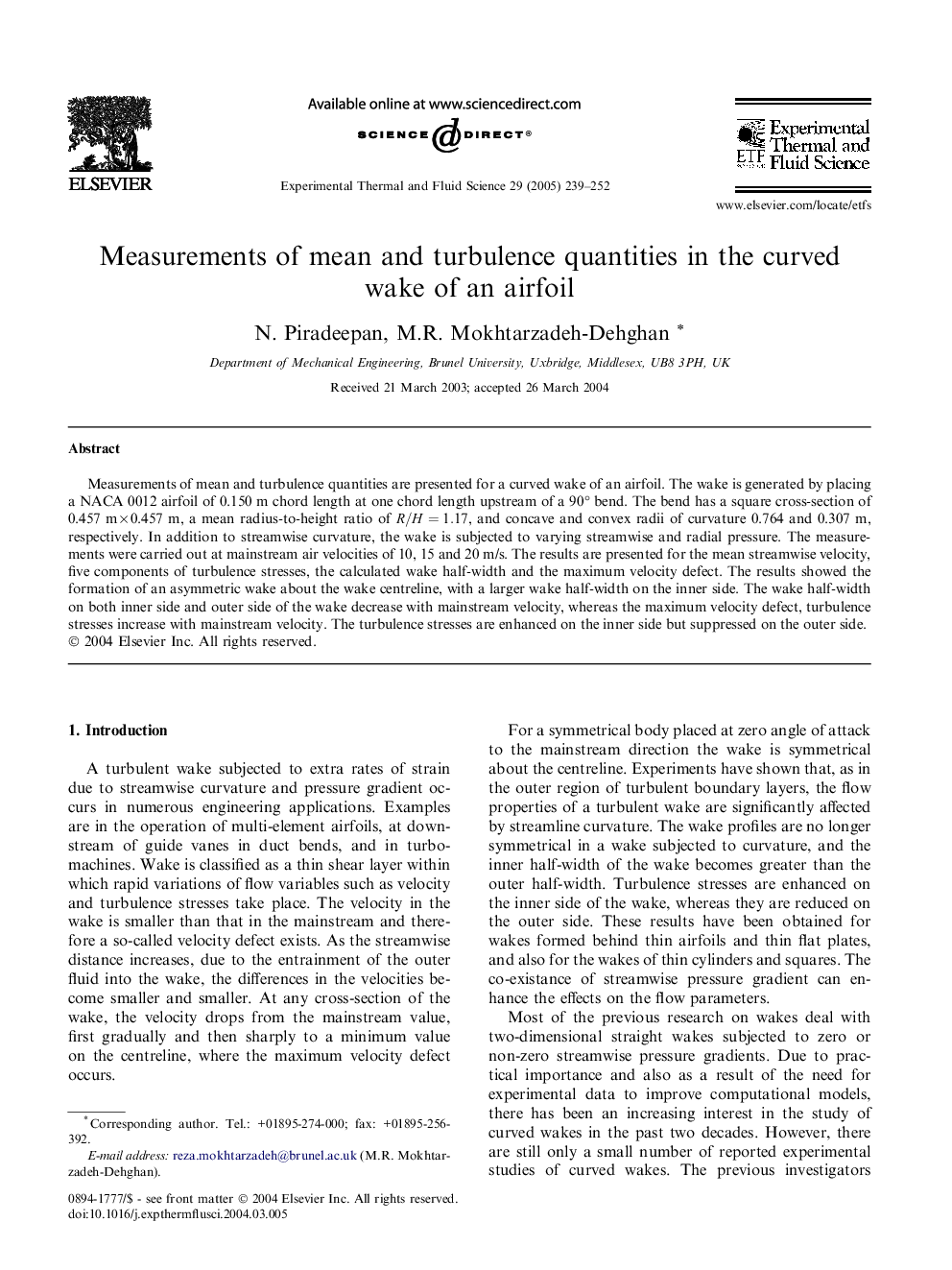 Measurements of mean and turbulence quantities in the curved wake of an airfoil