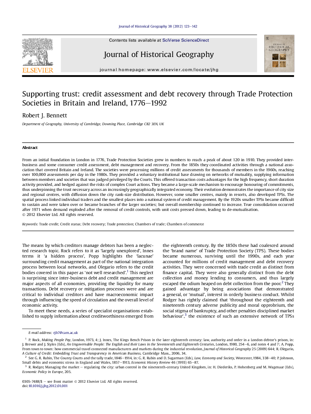 Supporting trust: credit assessment and debt recovery through Trade Protection Societies in Britain and Ireland, 1776–1992