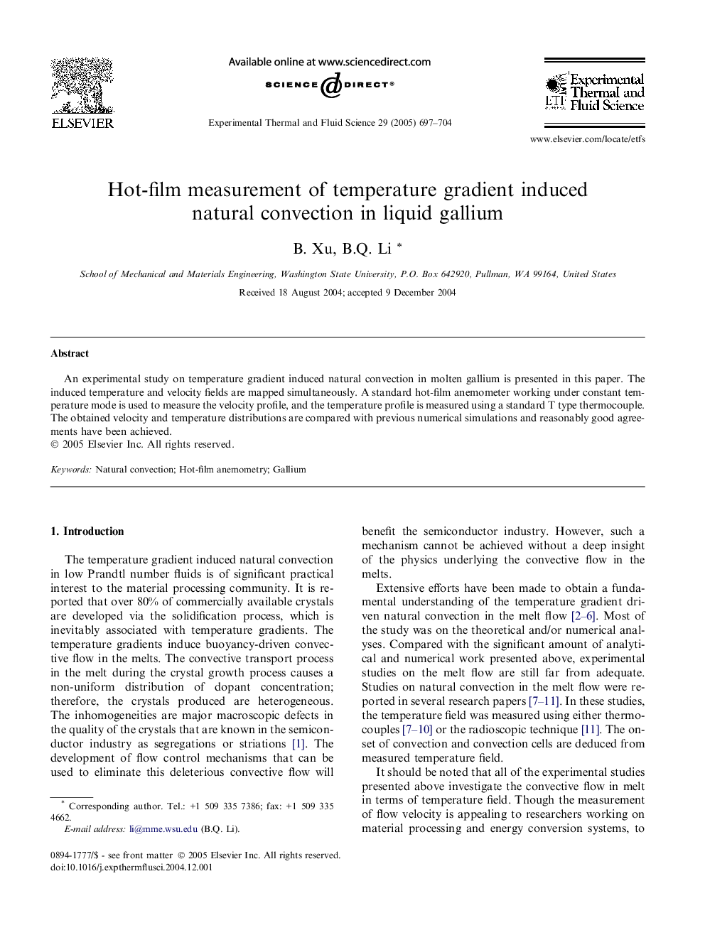 Hot-film measurement of temperature gradient induced natural convection in liquid gallium